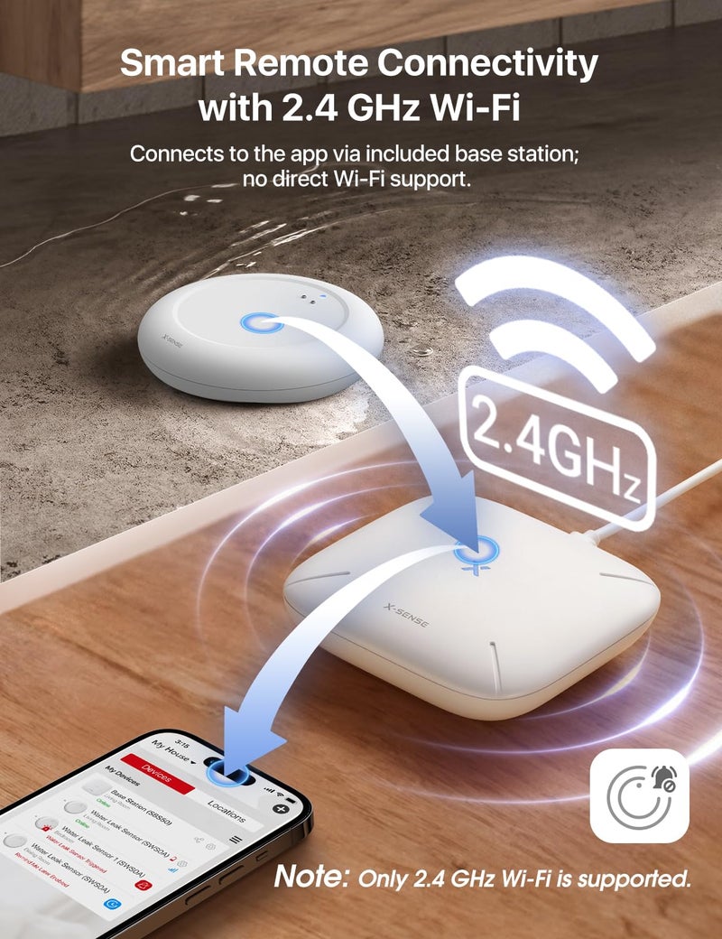 اكس سينس مجموعة كاشف تسرب المياه X-Sense Wi-Fi، إنذار مستشعر المياه الذكي مع تنبيهات التطبيق وتصميم نحيف للغاية، كاشف تسرب إنذار المياه للأقبية، 4 أجهزة استشعار للمياه ومحطة قاعدة واحدة، موديل SWS0A41 - Image 4